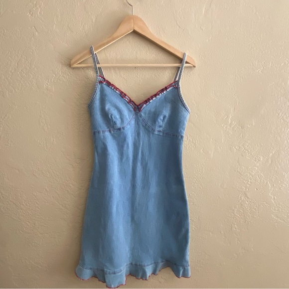 ☀️5/25☀️ Decoline 90s Denim Dress - Stretchy Spaghetti Strap Zip Up Size Large - Picture 1 of 10